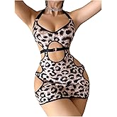 SHENHE Women's Open Back Hollow Out Strappy Lingerie Dress Animal Cosplay Leopard Lingerie