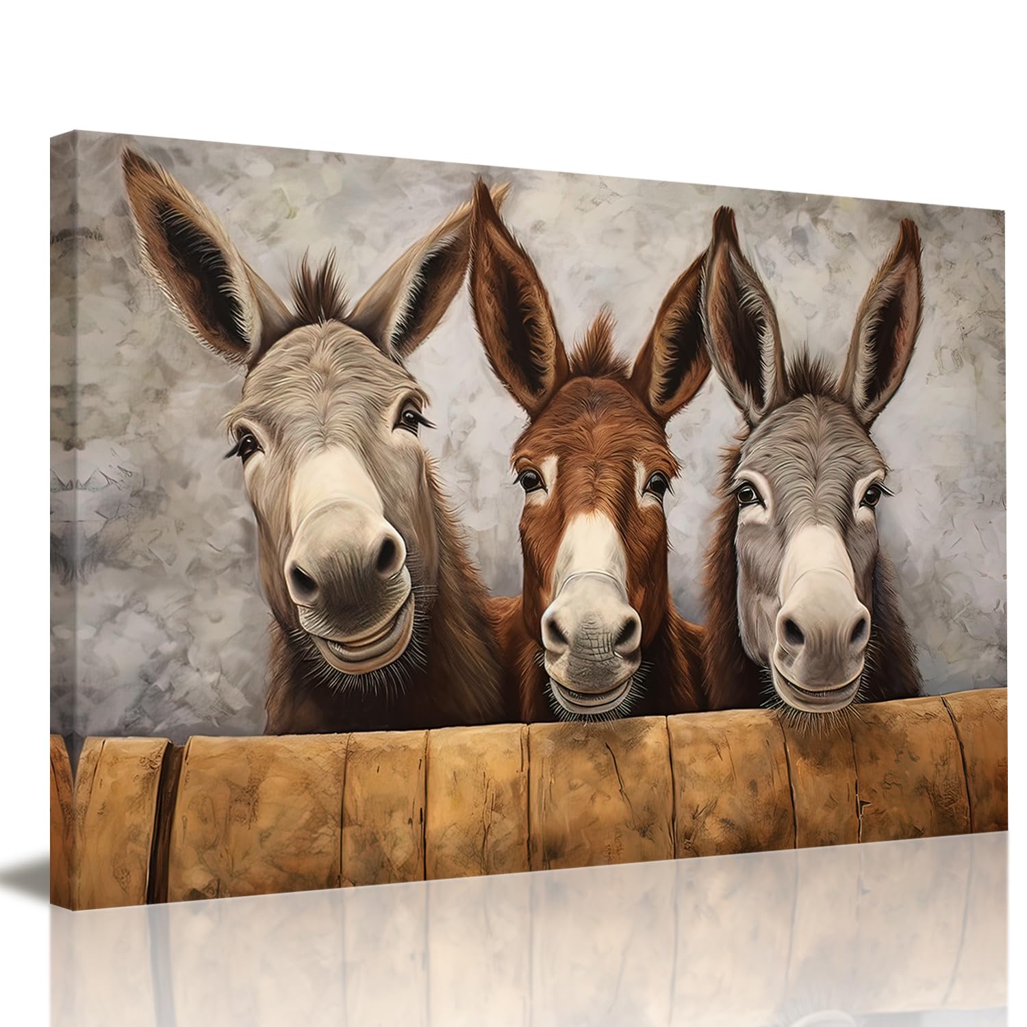 GLOKAKA Funny Animal Wall Art Farmhouse Three Donkey Picture Wall Decor Rustic Farm Donkey Animal Canvas Print Painting Kitchen Bathroom Decor