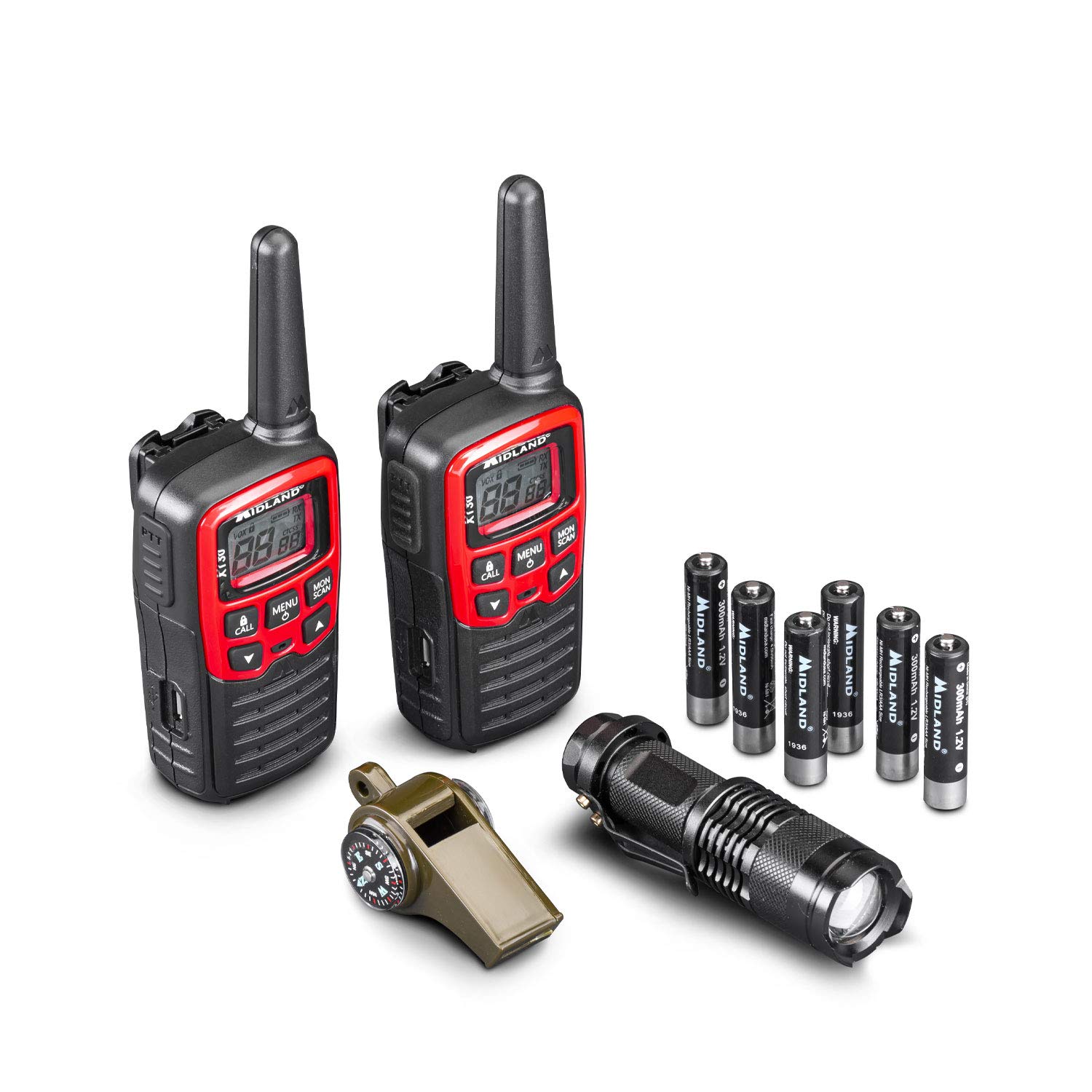 Midland - Emergency Survival Kit EK30, 2 Walkie Talkies PMR446 XT30 with 6Km Range, Licence-Free, Camping Torch, Emergency Whistle with Compass and Thermometer, 2 Sets of Rechargeable AAA Batteries