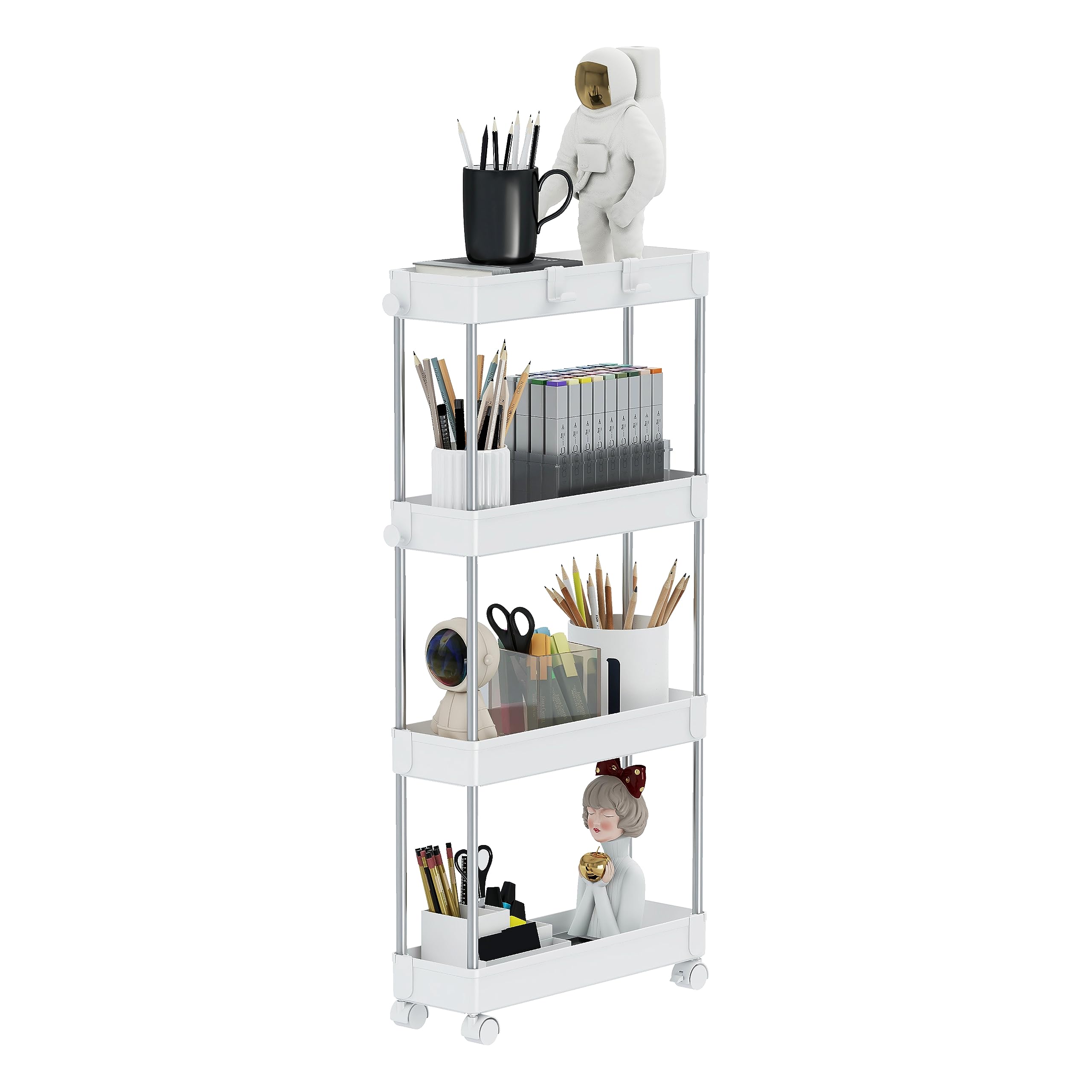 Mondeer Storage Trolley, 4-Tier Slim Storage Rack with Wheels, Multifunctional Suitable for Office Kitchen Bathroom, W13 x D40 x H85cm, White