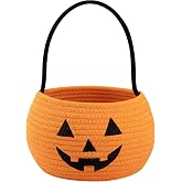 OIASKET Cotton Rope Halloween Pumpkin Basket with Handle, Trick or Treat Bucket for Kids, Woven Boo Candy Basket for Neighborhood Parades &amp; Indoor Holiday Home Decor