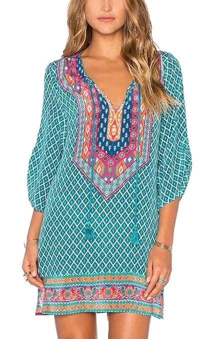 Urbancoco Damen Vintage Bohemian Strandtunika Sommerkleid Tunikakleid Bluse