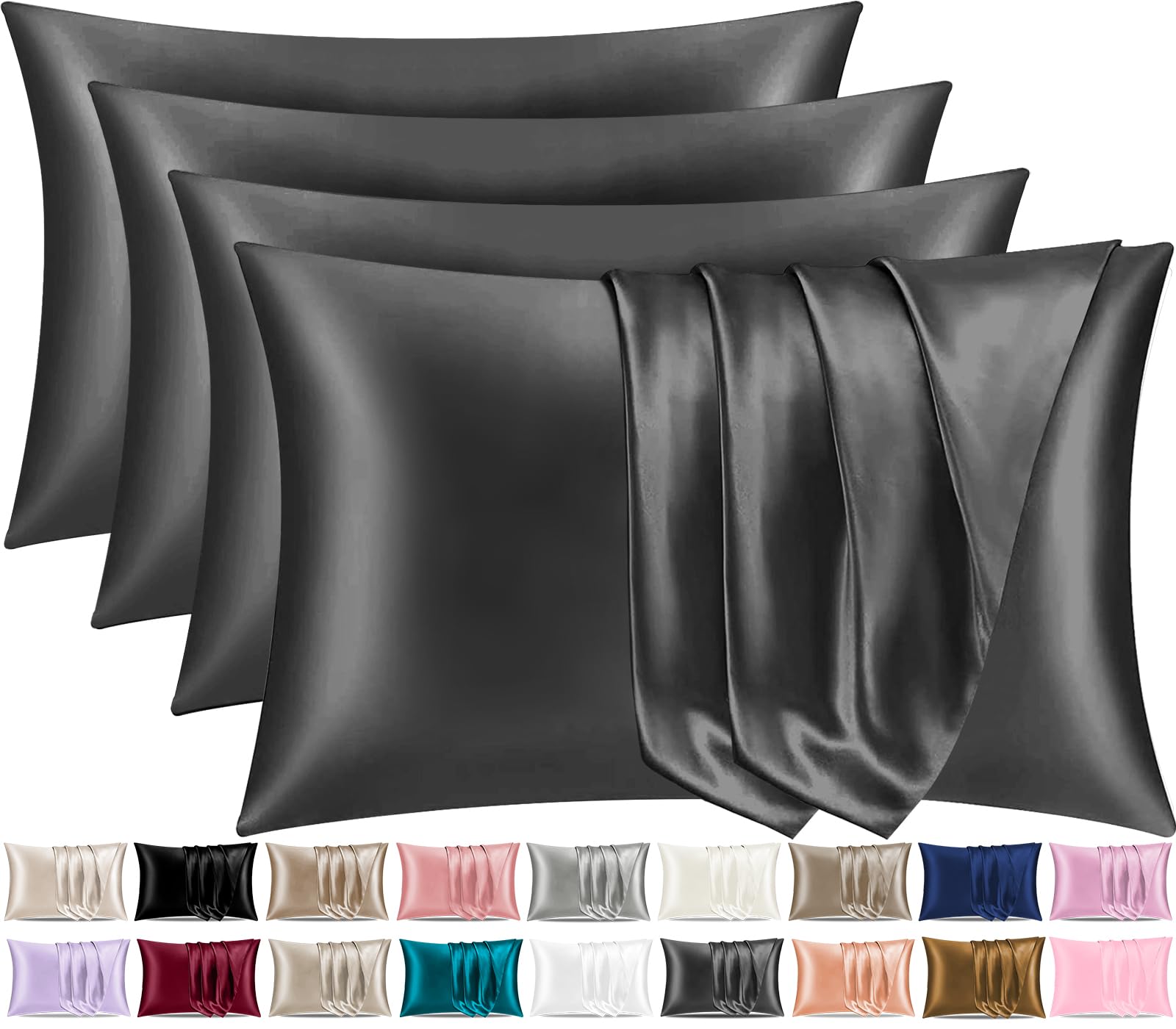 Pamposh Satin Silk Pillowcases For Hair And Skin 4 Pack Standard Size with Envelope Closure (4 Pcs Pillowcases (50 x 75 cm), Charcoal)