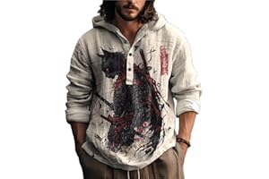 MARSVOVO Mens Japanese Art Long Sleeve Hooded Shirts Lightweight Quarter Button Hoodie Casual Cool Tops for Spring Fall