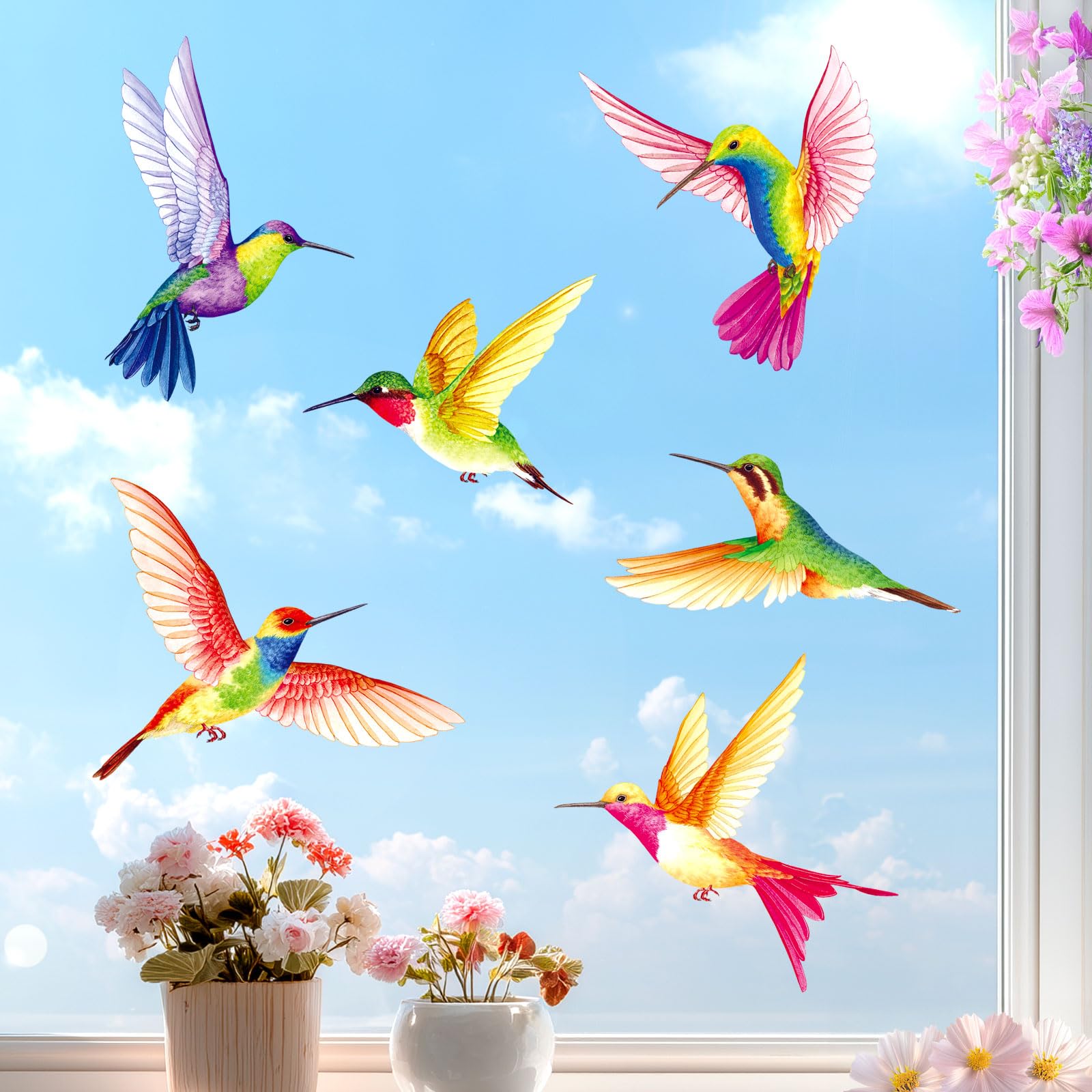 DECOWALL Hummingbird Window Clings - 6 Vibrant Double-Sided Hummingbird Static Cling Stickers for Windows, Glass & Mirrors - Reusable & Removable Anti-Collision Bird Strike Decals (CDS2-9002)