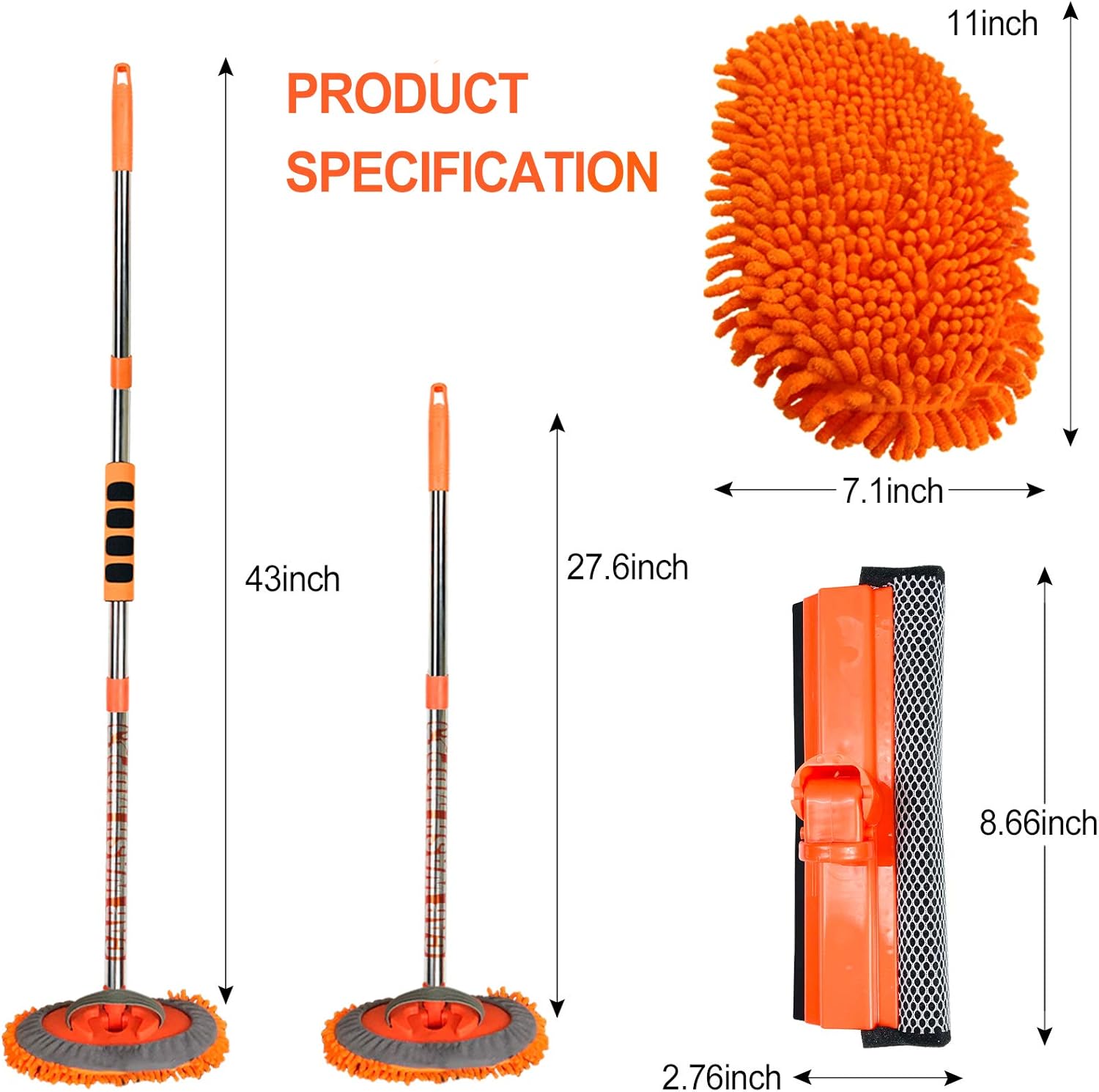 AgiiMan Car Wash Brush with Long Handle - 3 in 1 Car Cleaning Mop, Chenille Microfiber Mitt Set, Adjustable Length 24in-43in Glass Scrabber Vehicle Cleaner Kit: Automotive