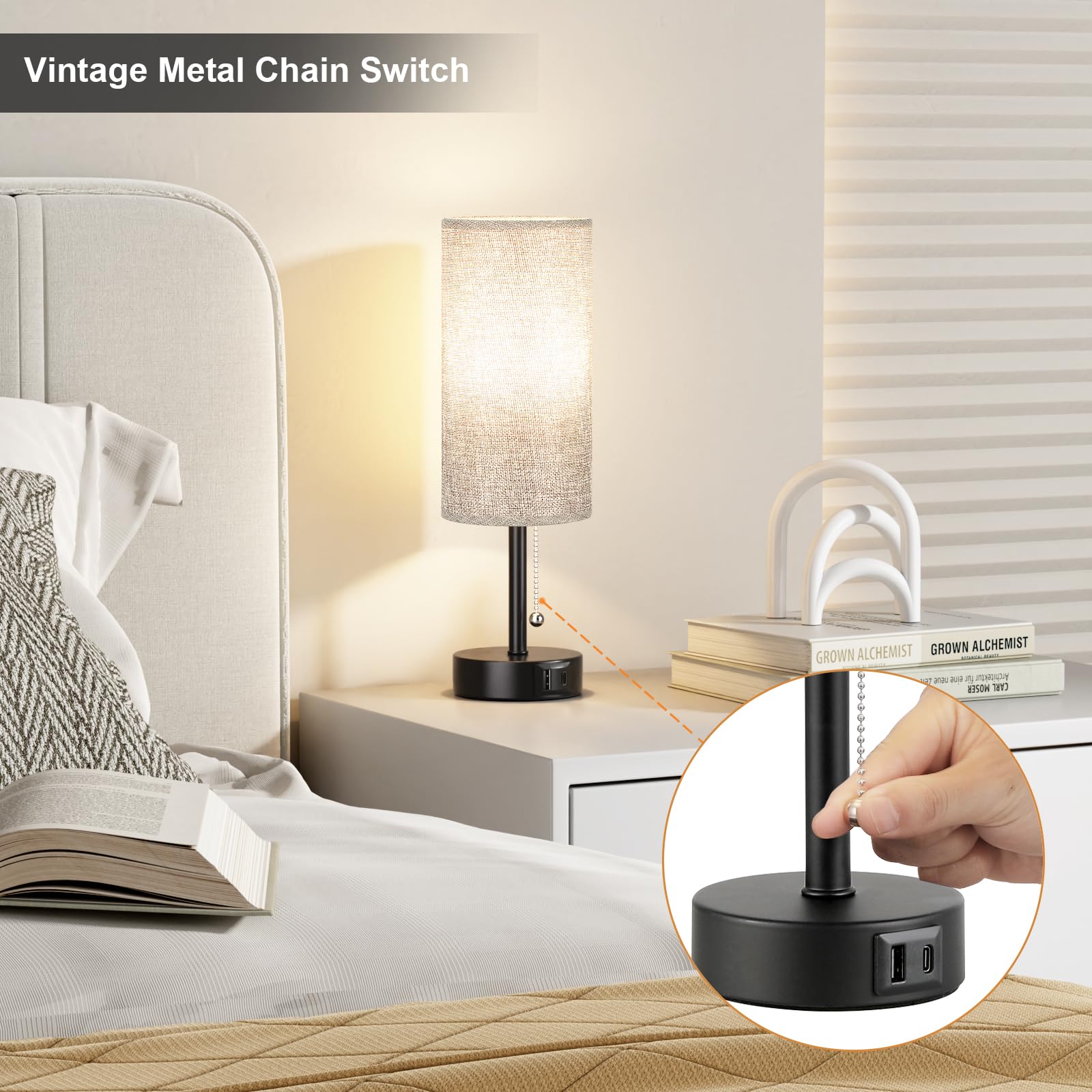 Grey Bedside Lamp for Bedroom Nightstand - Small Table Lamp with USB A + C Charging Port, 3 Color Temperatures Pull Chain Night Stand Light with Bulb, Side Table Desk Reading Lamp for Living Room/Dorm