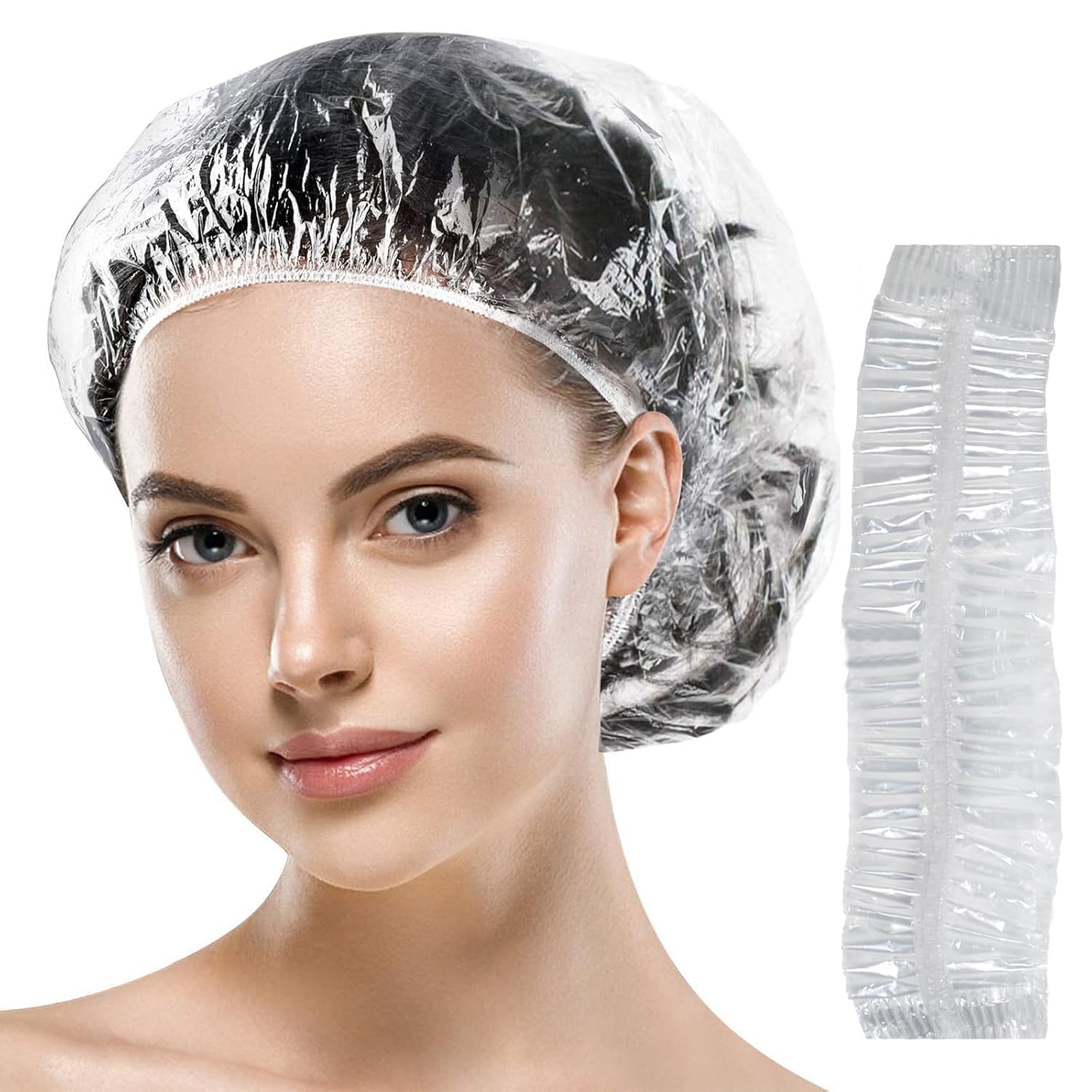 Photo 1 of ***(USED)***Disposable Shower Caps, Plastic Clear Hair Cap Large Thick Waterproof Bath Caps for Women, Hotel Travel Essentials Accessories Deep Conditioning Hair Care Cleaning Supplies (One Size, Count, 40)