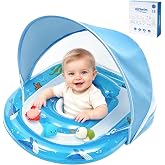 AirSwim Inflatable Baby Pool Float with Canopy &amp; 3 Floating Animal Toys | Infant Pool Float with UPF 50+ Sun Protection Removable Canopy for 6-36 Months, Toddler Pool Float with Safety Seat, Blue