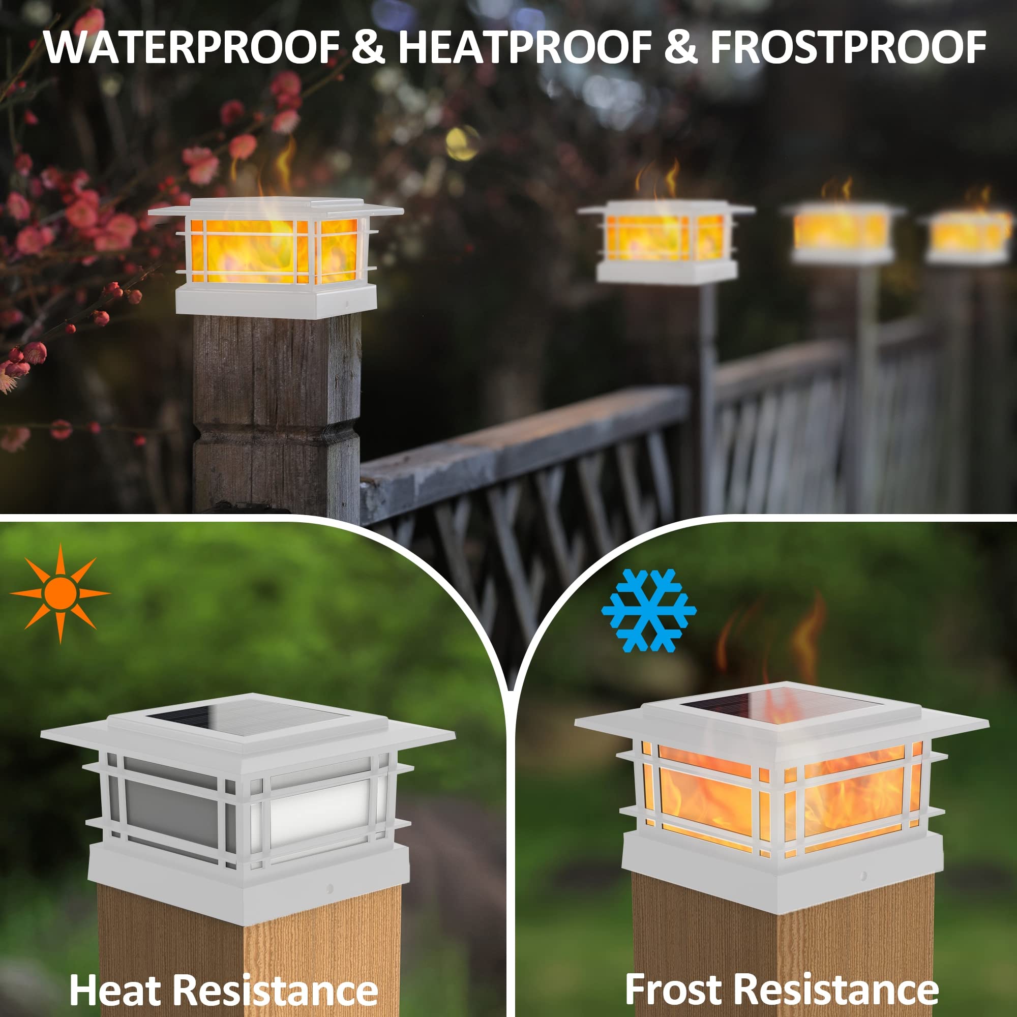 Dynaming 8 Pack Solar Post Cap Lights Outdoor with Flickering Flame Light, White Shell Fence Post Solar Lights Fit 4x4 5x5 6x6 Vinyl/Wooden Posts, Brightness LED Lighting Decor for Garden Deck Patio