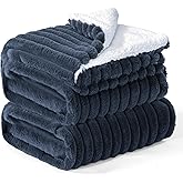 INFIIXSO Sherpa Fleece Queen Size Blanket - Super Soft & Warm Striped Fleece, Cozy Plush Fluffy Large Bed Blanket All Season Use (Navy Blue, 90x90 Inches)
