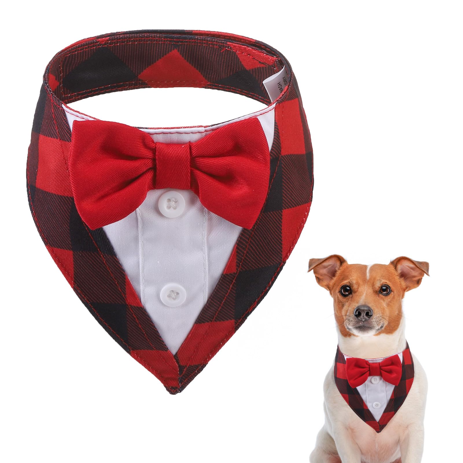 Photo 1 of SCENEREAL Christmas Dog Tuxedo Bandana with Bowtie, Buffalo Red Plaid Dog Halloween Costume Formal Outfit for Small Medium Dogs Cats, Adjustable Xmas Pet Collar Tux Clothes for Birthday S