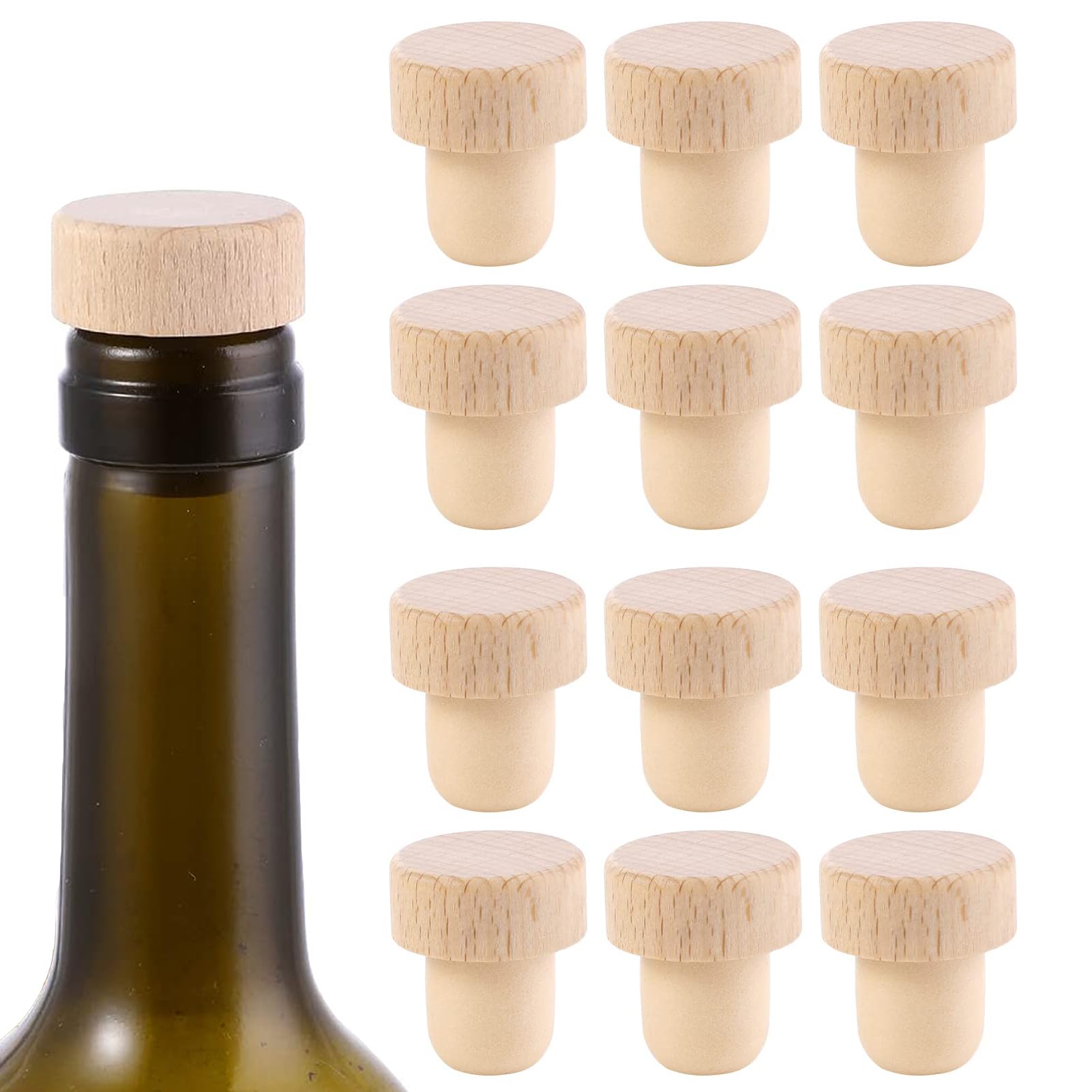 Qinsky Wooden Wine Stopper,12 Pcs Cork Wood Bottle Cap Reusable Wine Bottle Stopper T Shaped Wine Bottle Corks Wine Cork Stopper Sealing Plug Bottle Cap for Crafts Bottle Plug Wood