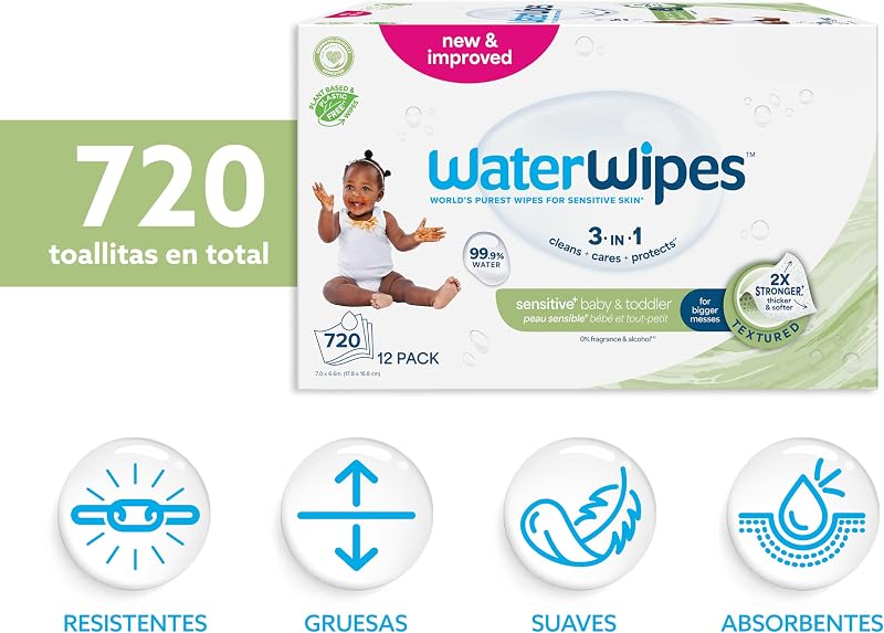 Toalhetes texturizados à base de plantas waterwipes para crianças e bebês, 99,9% à base de água, sem perfume para pele sensível, pacote de 12 x 60 toalhetes (720 no total)