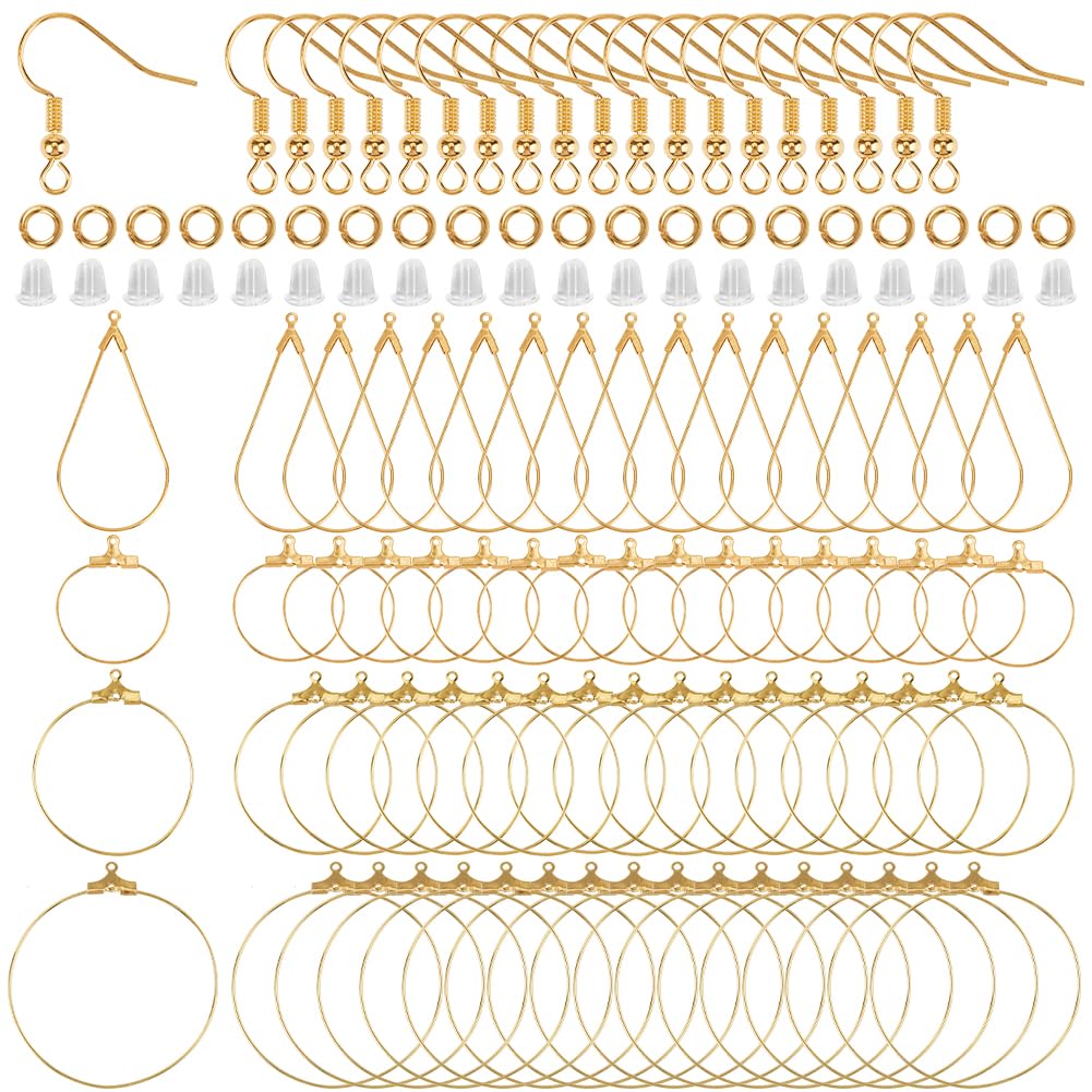 SOFPLATE 520pcs Gold Earring Beading Hoops Hoop Earrings Findings Brass Circle Round Golden Beaded Hoops Ear Nuts Findings Bulk for jewellery Making Women DIY Accessories Components Supplies Kits
