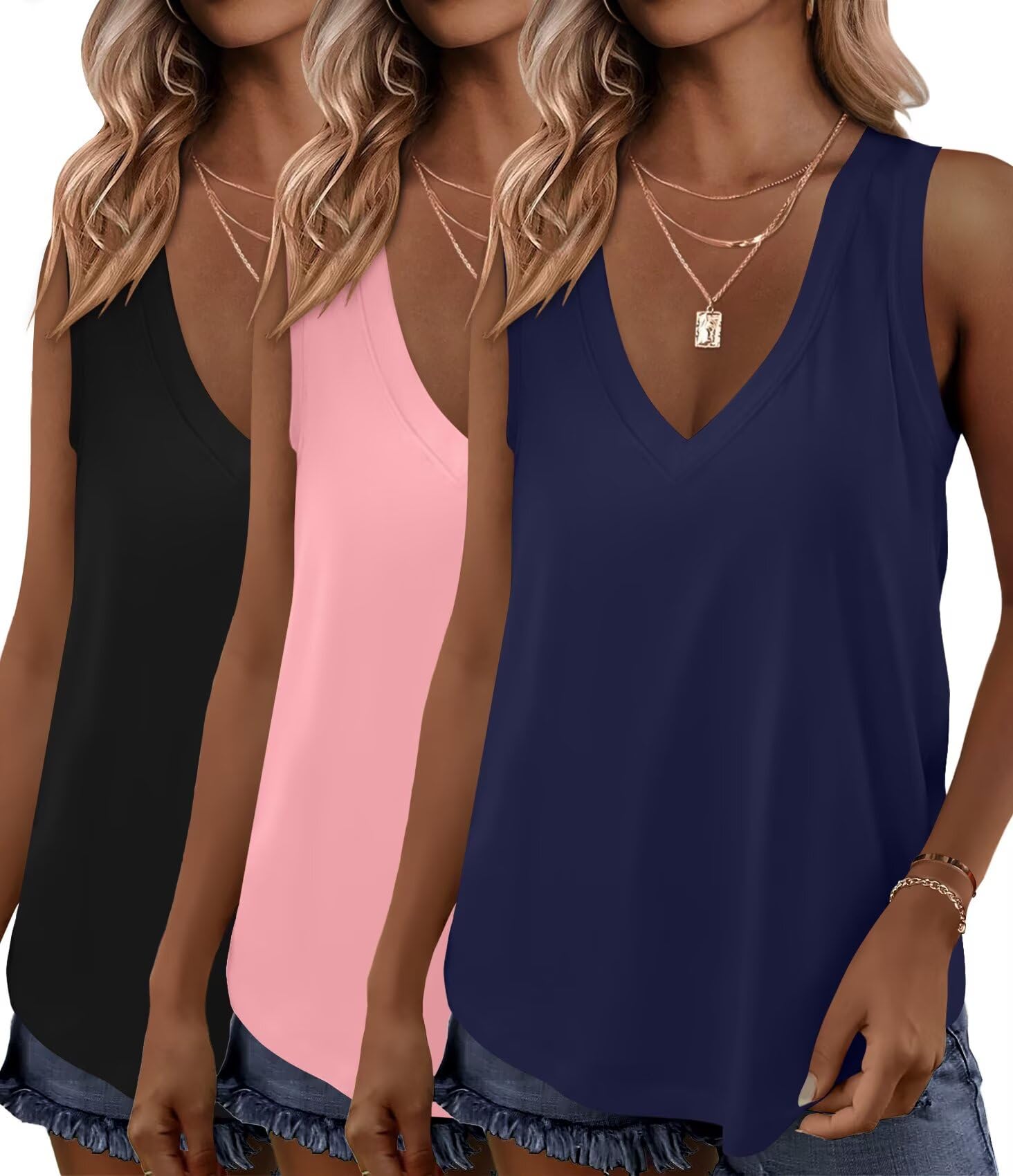 Photo 1 of *** very used*** KKJ 3 Pack Womens Tank Tops Workout Summer Vacation Outfits V Neck Loose Sleeveless Blouse Casual Shirts Fall Fashion Clothes