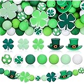 FYSUIMU 120Pcs St. Patrick's Day Silicone Beads Shamrock Clover Hat Shape Focal Beads Green White Round Loose Beads for DIY Making Bracelet Necklace Irish Holiday Decor