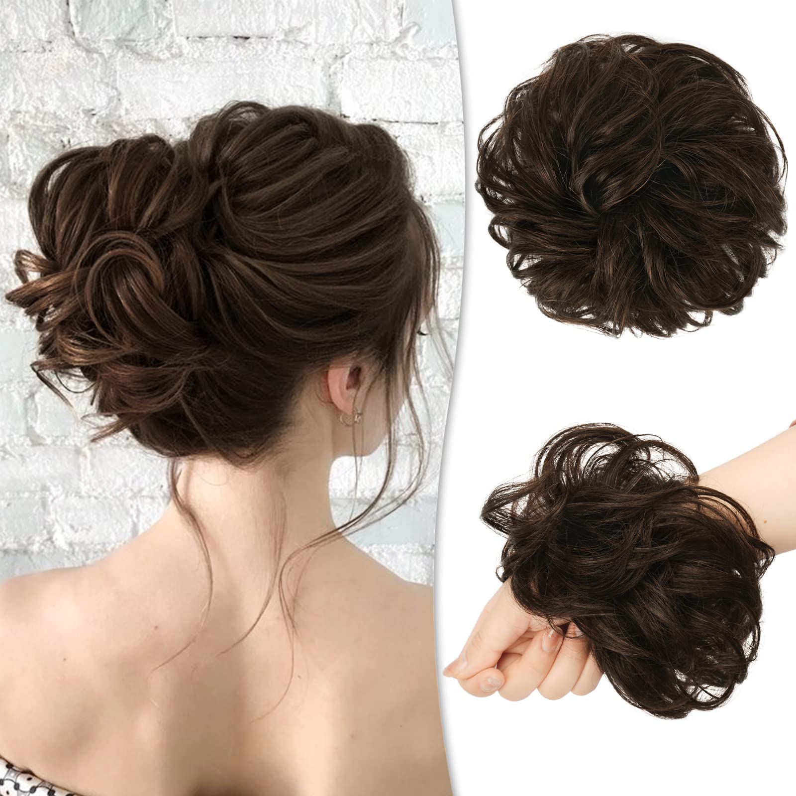 RUWISS Messy Bun Hair Piece 100% Human Hair Messy Rose Bun for Women Real Hair Scrunchies Updo Hairpieces Hair Chignon Extension（Dark Brown with 15% Dark Cocoa Blonde） — image 1