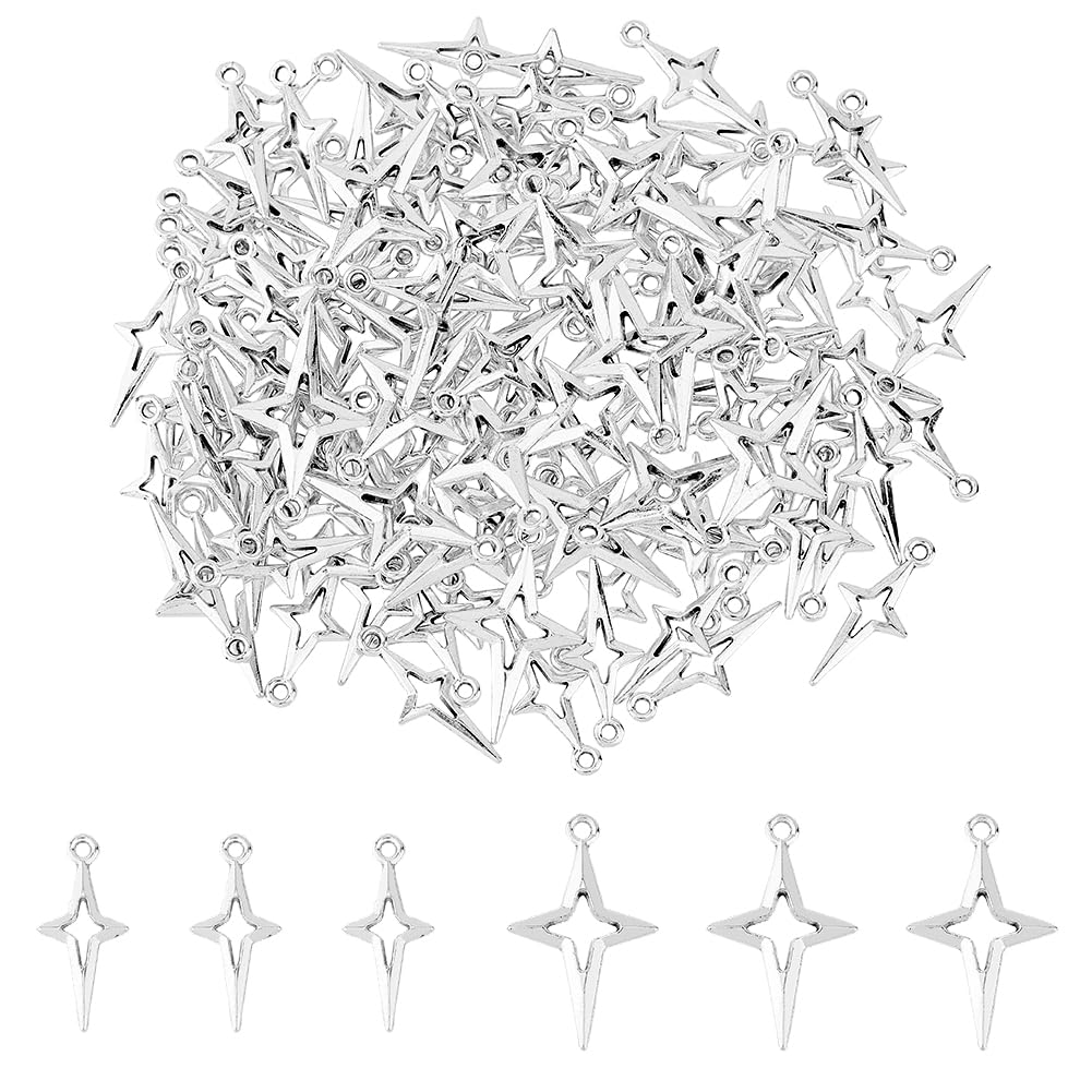 SUPERFINDINGS 120 PCS 2 Sizes Star Pendant Charms Including 20PCS Hollow Four Pointed Star Charms and 100PCS Mini Silver Star Pendants Alloy Hollow Pendants for Jewelry Making