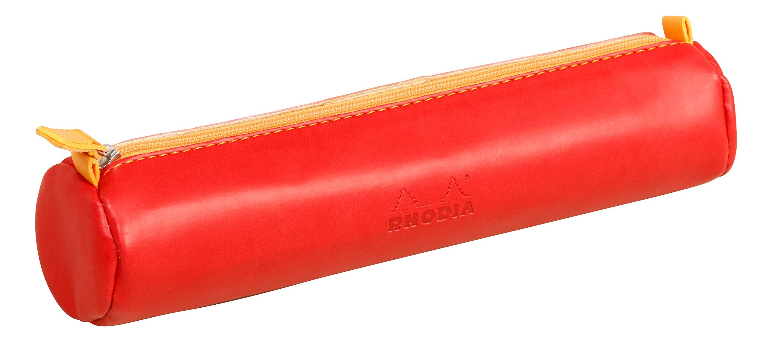 RHODIA 318993C - Rhodiarama Poppy Round Pencil Case - 21.5 x 5.5 cm - Genuine Orange Stitching - Ivory Jersey Interior - Faux Leather - Storage for Pens, Pencils, Markers, Small Supplies
