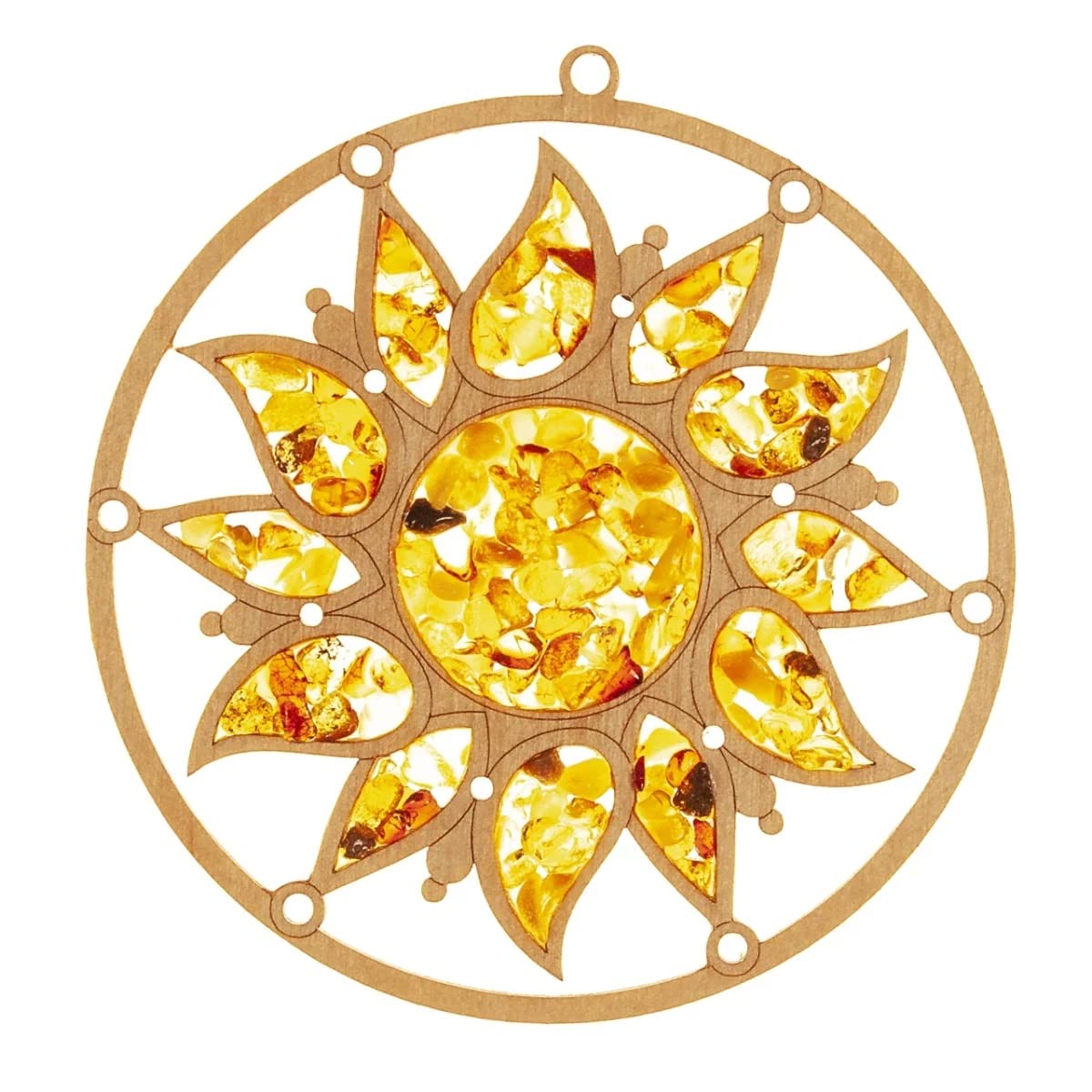 Window Decoration Suncatcher Amber in Birch Wood "Sun II" Diameter 30 cm Includes Suction Cup Hooks 35 mm