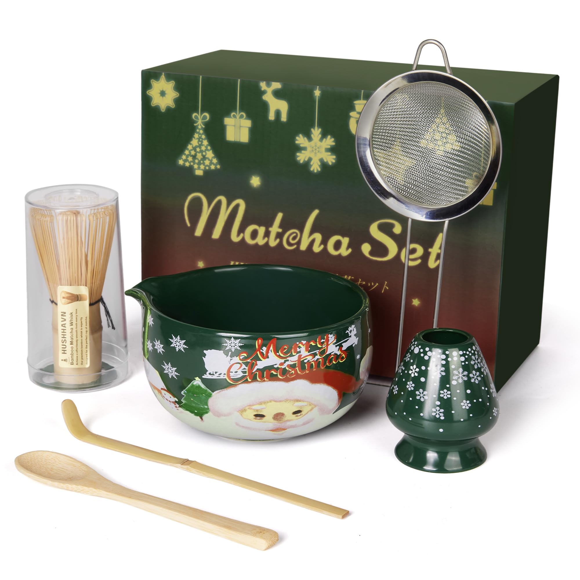 HUSHHAVN Christmas Gifts Matcha Whisk Set, Ceramic Matcha Set Includes Bowl & Holder, Bamboo Whisk (Chasen), Scoop, Spoon and Sifter, 6PCS Matcha Kit Covers Everything Needed for Making Matcha