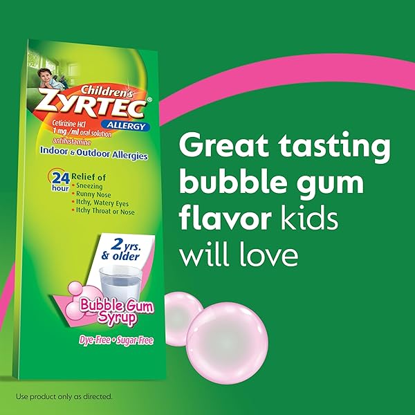 ZYRTEC CHILDREN’S 24 HOUR ALLERGY RELIEF SYRUP, 5 MG CETIRIZINE HCL ANTIHISTAMINE, KIDS ALLERGY MEDICINE FOR INDOOR & OUTDOOR ALLERGY RELIEF, DYE-FREE & SUGAR-FREE, BUBBLE GUM, 4 FL. OZ