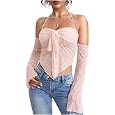 SweatyRocks Women's Floral Lace Tie Knot Halter Tops Bell Long Sleeve Asymmetrical Y2k Crop Tops