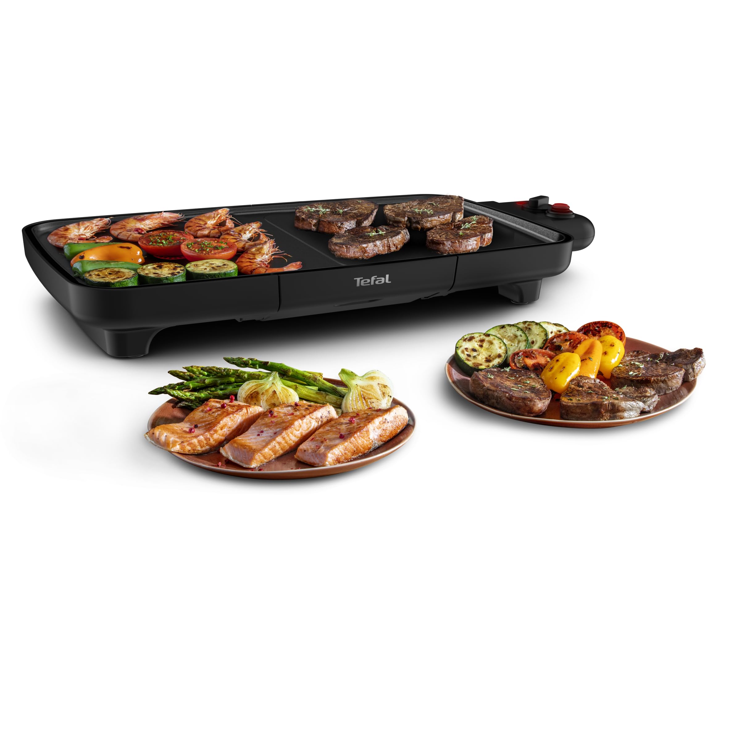 Tefal Plancha Booster Tischgrill, 2200 W, extra große Grillfläche, Boost-Zone, 6 Temperaturstufen, durchgängige Grillplatten, inklusive Fettablaufrinne, Thermo-Spot, Schwarz, CB6428