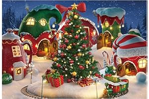 Funnytree 7x5FT Cartoon Christmas Village Photography Backdrop Winter Snow Pine Tree Background Xmas Fairy Tale Animated Kid Party Photo Booth Banner Supplies