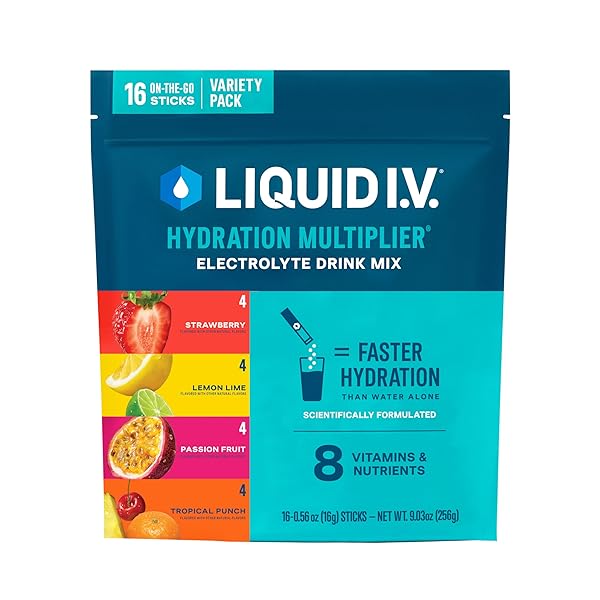 LIQUID I.V.® HYDRATION MULTIPLIER – VARIETY PACK – LEMON LIME, PASSION FRUIT, STRAWBERRY, TROPICAL PUNCH | ELECTROLYTE POWDER DRINK MIX | 1 PACK (16 SERVINGS)