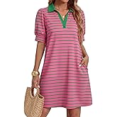ZESICA Womens Summer Casual Striped T Shirt Mini Dress | Lapel V Neck, Short Sleeve, A-Line, Flowy Dress, Beach Vacation Dres