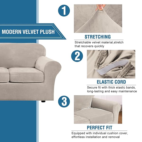 H.VERSAILTEX HIGH STRETCH SOFA SLIPCOVER 4 PIECE COVER VELVET FURNITURE PROTECTOR FORM FIT THICK VELVET EXTRA LARGE SOFA COVER FOR 3 CUSHION COUCH WIDTH UP TO 97 INCH (LARGE SOFA, FRENCH OAK)