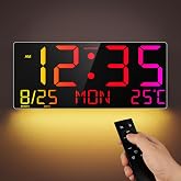16" Large Digital Wall Clock LED Display, Night Light, Remote, Auto DST | See time, date, weekday and indoor temperature at a glance, with automatic dimming and a warm 10-level night light.