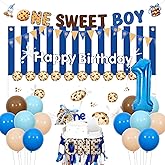 Funmemoir Milk and Cookies 1st Birthday Party Decorations for Boys - One Sweet Boy Cookie Banner, Backdrop, High Chair Banner, Cake Topper, 1 Foil Balloon for Baby Boy First Birthday Party Supplies