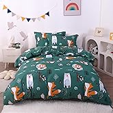 JSD Green Forest Animal Kids Duvet Cover Set Twin Size, 2 Piece Soft Printed Microfiber Comforter Cover with Pillow Sham Zipper Closure, Comforter Not Included