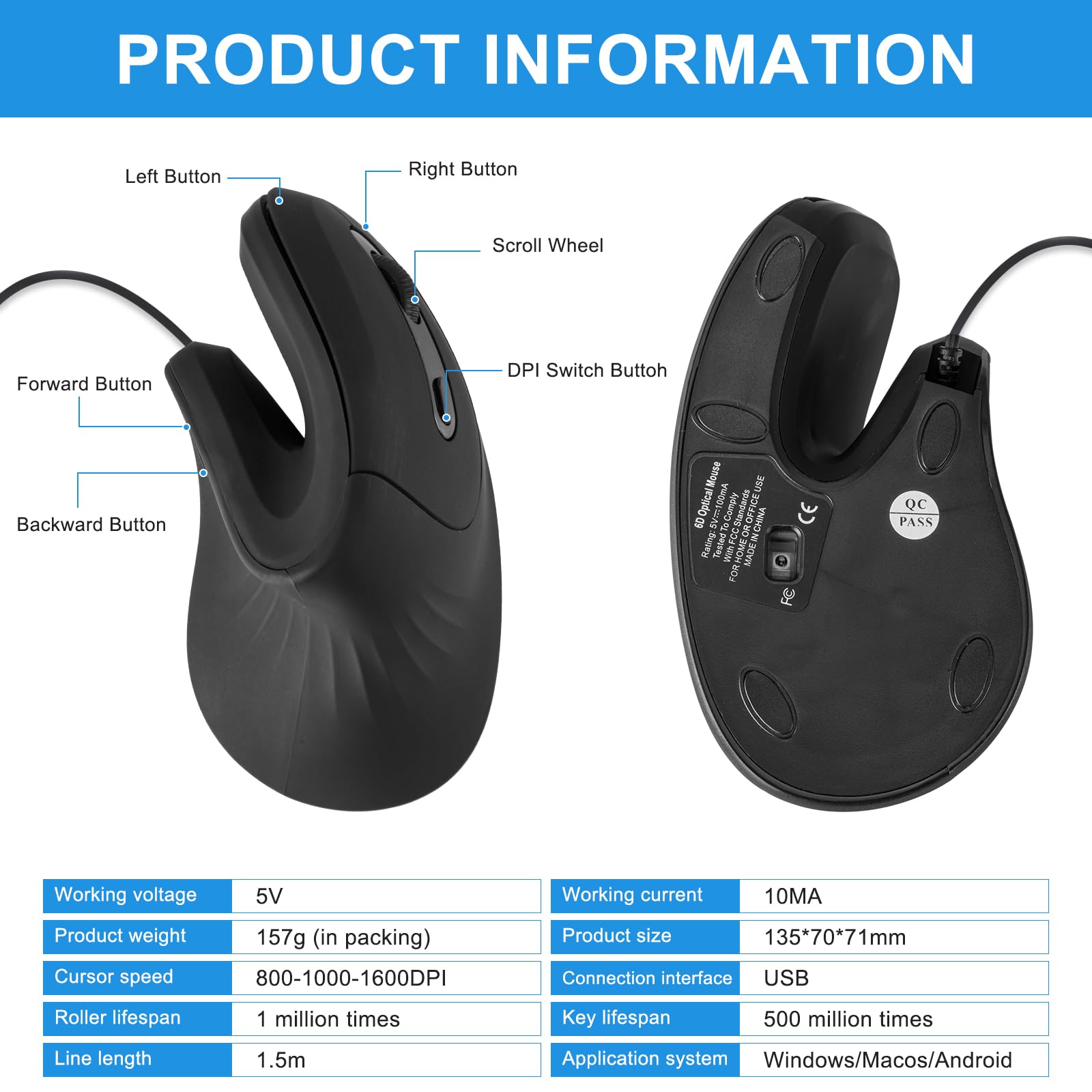 HXMJ Vertical Mouse Wired,USB Ergonomic Optical Mice,Silent Click,Right Handed-Black