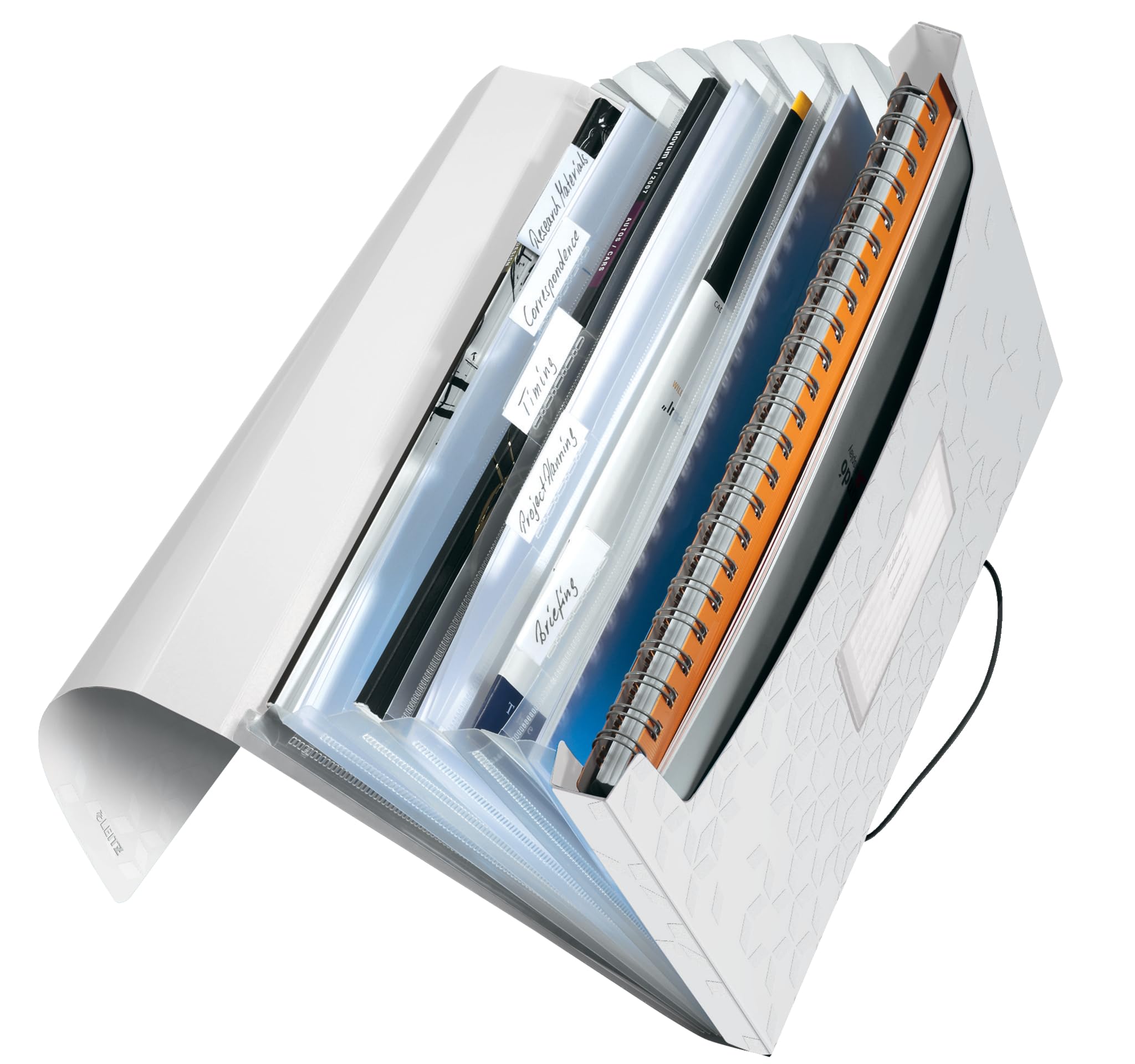 Leitz A4 Expanding File with 6 Compartments, Elastic Band Fastener, White, WOW Range, 45890001