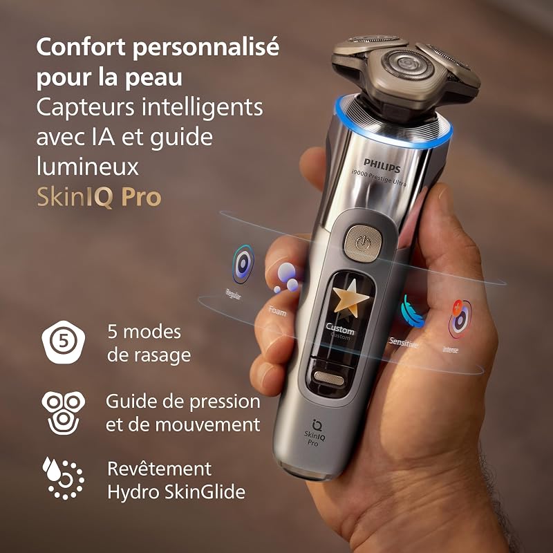Rasoir i9000 Prestige Ultra, rasoir électrique 100% étanche, technologie Skin IQ Pro, système Triple Lift & Cut, lames de précision NanoTech rotatives 360, 5 modes de rasage, XP9404/38