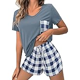 JUSTFASHIONNOW Pajamas for Women Shorts Set V Neck Casual Summer Lounge Sets Loungewear Sleepwear 2 Piece Pjs Sets