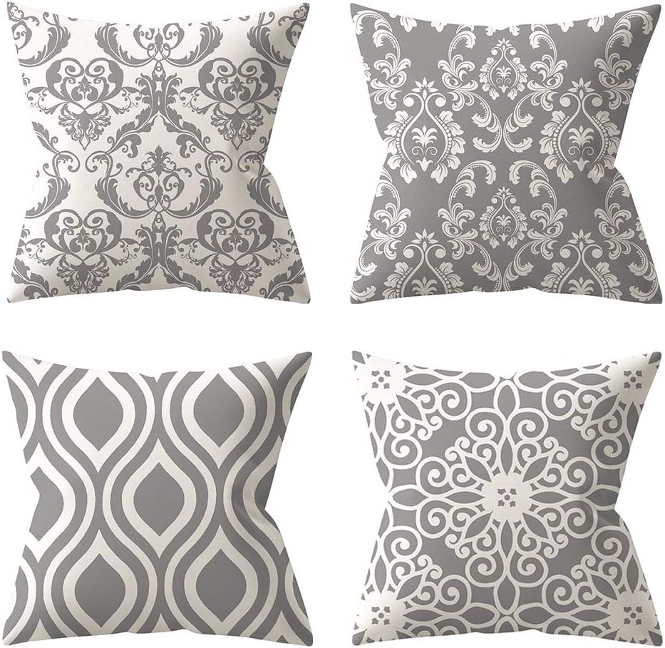 Jasfura Set of 4 Modern Throw Pillow Covers 18x18 Inch Spring Decorative Couch Pillow Cases Cotton Linen Case Square Cushion Covers for Living Room, Bed, Sofa and Car (Gray White)