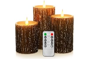 AKU TONPA Pine Bark Effect Flameless Candles Battery Operated Pillar Real Wax Flickering Electric LED Candle Sets with Remote Control Cycling 24 Hours Timer, 3" x 4" 5" 6" Pack of 3