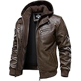 HOOD CREW Men's Leather Jackets Faux Bomber Jacket for Men Motorcycle Zip-Up Biker Coat With Hoodie