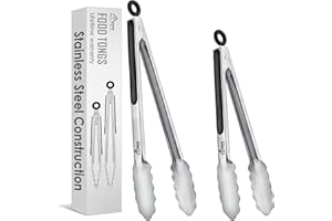 Hotec Stainless Steel Kitchen Tongs Set of 2-9" and 12", Locking Metal Food Tongs Non-Slip Grip
