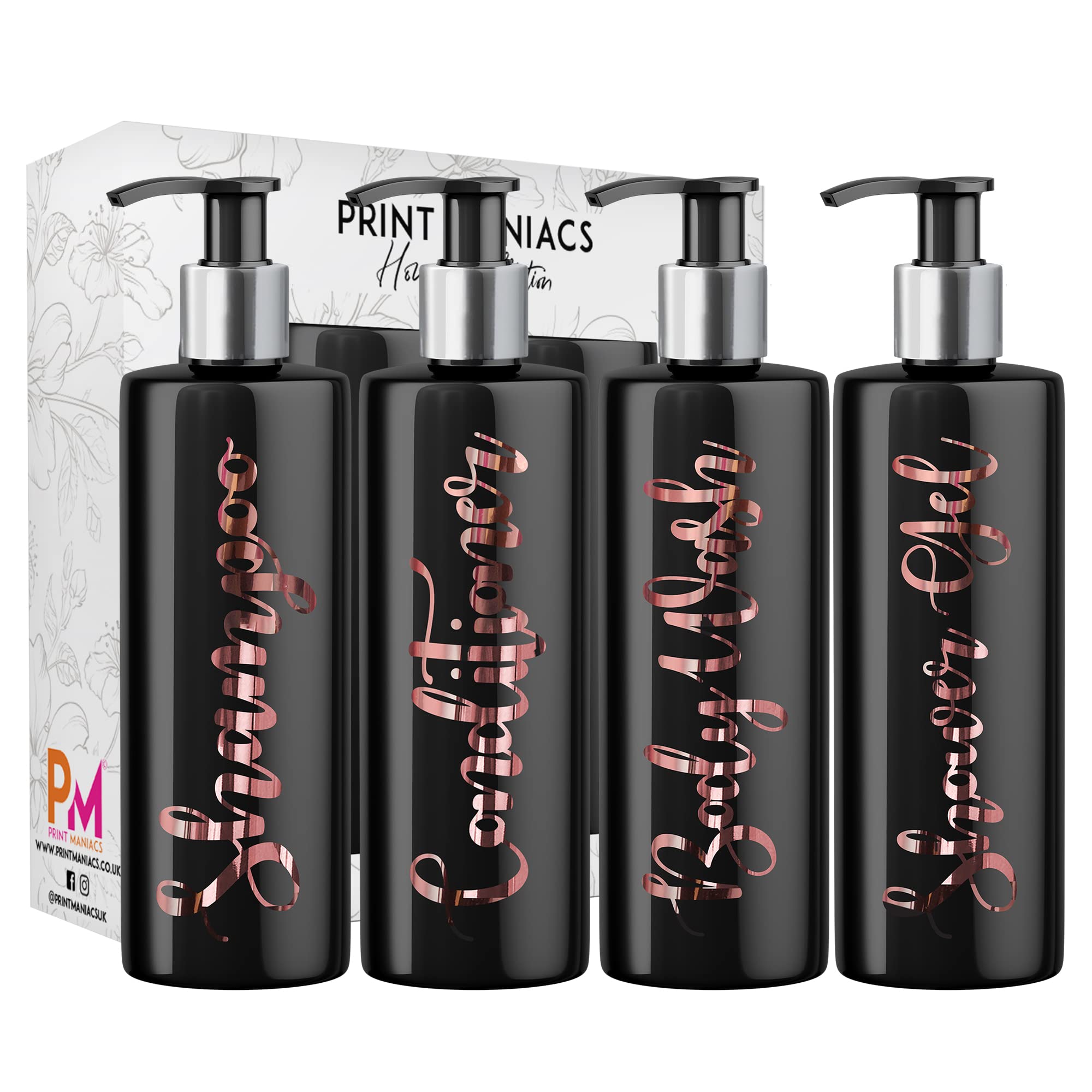 Print Maniacs Bathroom Set Mrs Hinch Inspired Personalised 500ml Pump Bottles Bathroom Storage Accessories Lotion Dispenser Shampoo Conditioner Set White Bottle Rose Gold Pump (Set 6, F2)