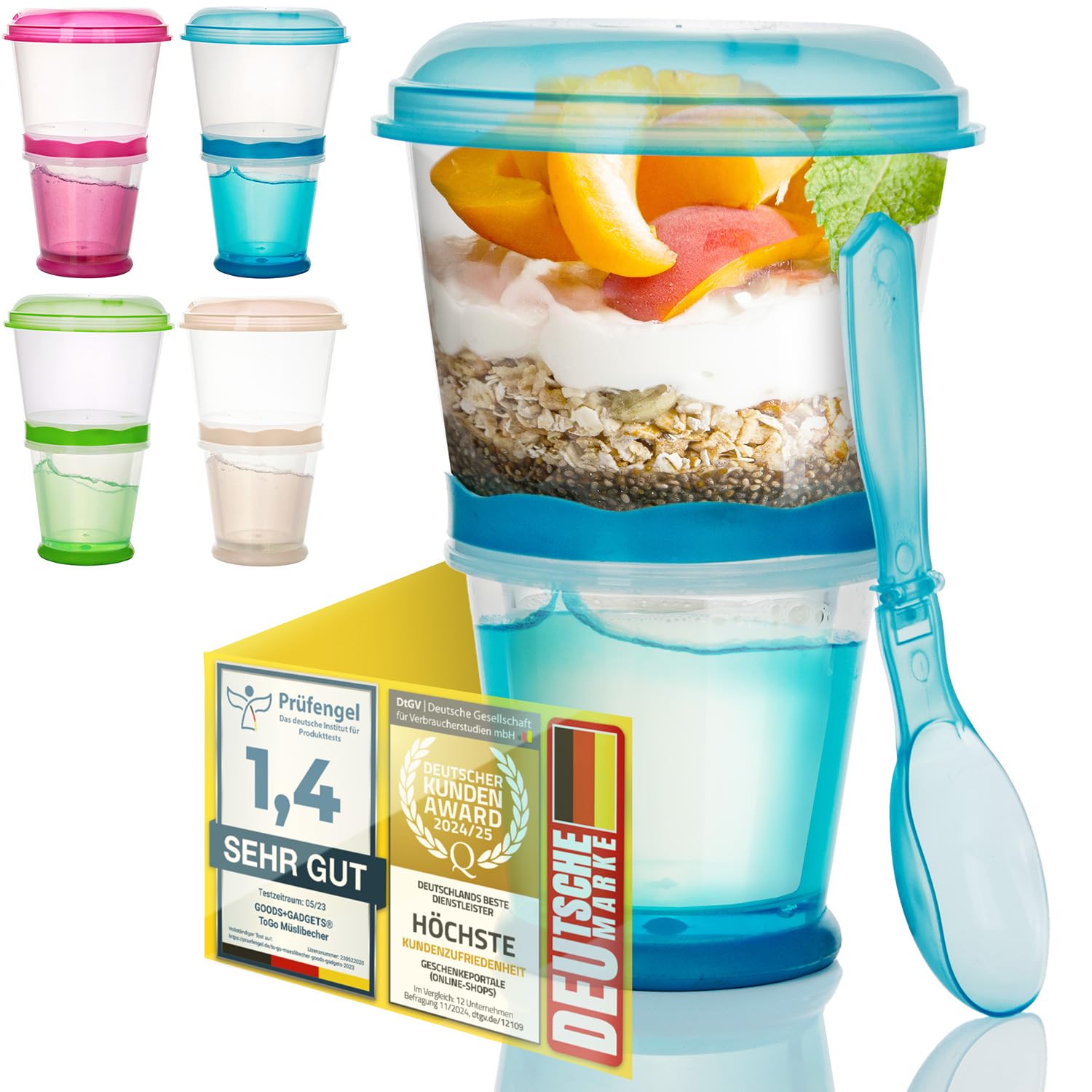 GOODS+GADGETS Muesli To-Go Muesli Mug for On-the-go 2-Go Muesli Travel Mug with Insulated Milk Cooler Compartment & Folding Spoon with Tight Lid for Work, University, Travel, Picnic and More (Blue)