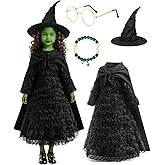 Behufun Witch Costume for Girls - Halloween Costume for Kids, Black Ruffled Witch Dress with Hat Cape Glasses Cosplay Outfit