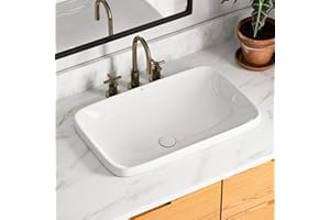 24"W x 15"D Drop In Bathroom Sink, Los Flexi Rectangular Semi Recessed Bathroom Sink with Pop-Up Drain, White Ceramic Above Counter Basin without Overflow, Large Vessel Sinks for Countertops