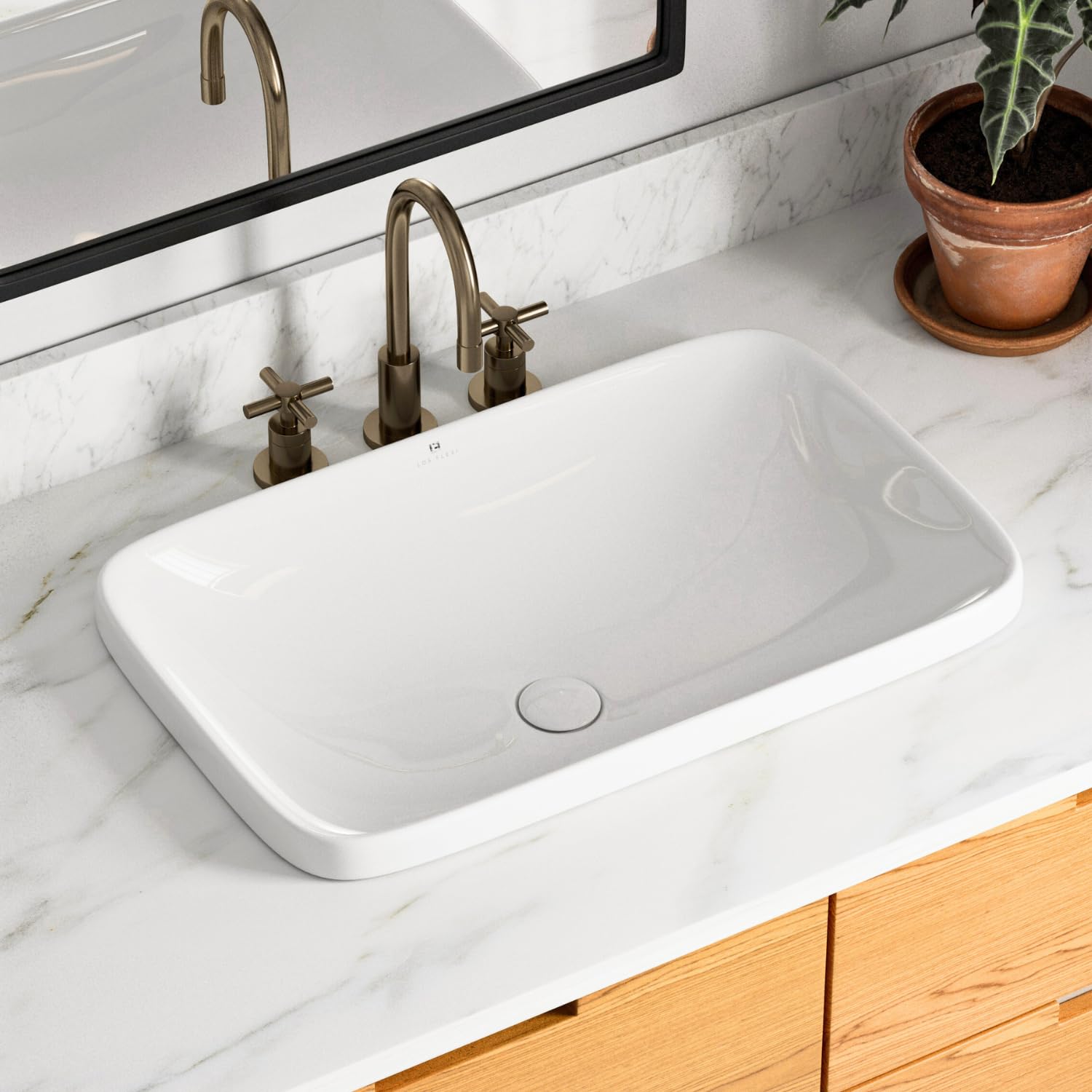 Photo 1 of 24"W x 15"D Drop In Bathroom Sink, Los Flexi Rectangular Semi Recessed Bathroom Sink with Pop-Up Drain, White Ceramic Above Counter Basin without Overflow, Large Vessel Sinks for Countertops