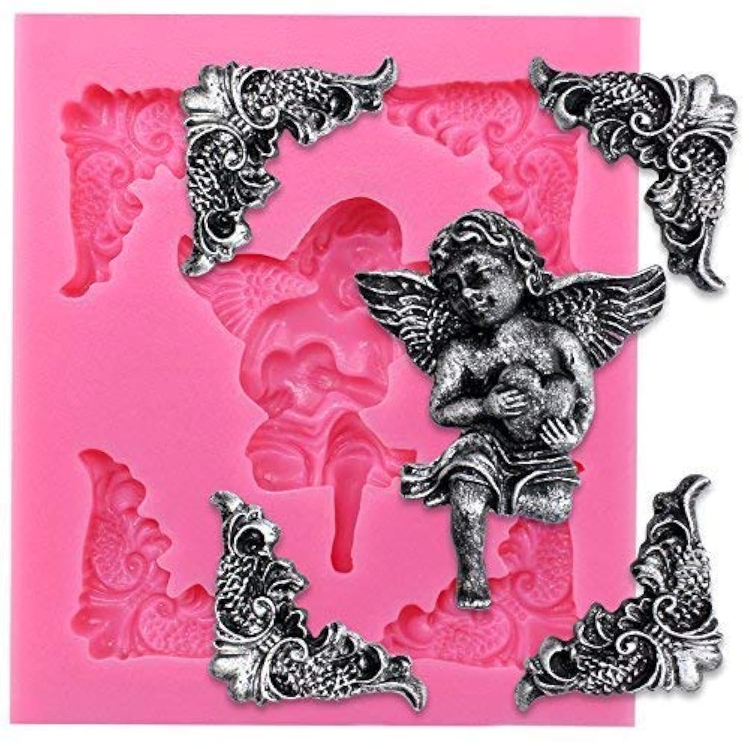 Musykrafties Angelic Cherub Hold Heart with Frame Corner Fondant Silicone Mould for Sugarcraft, Cake Decoration, Cupcake Topper, Chocolate, Cookie Decor, Jewelry, Polymer Clay, Crafting Projects